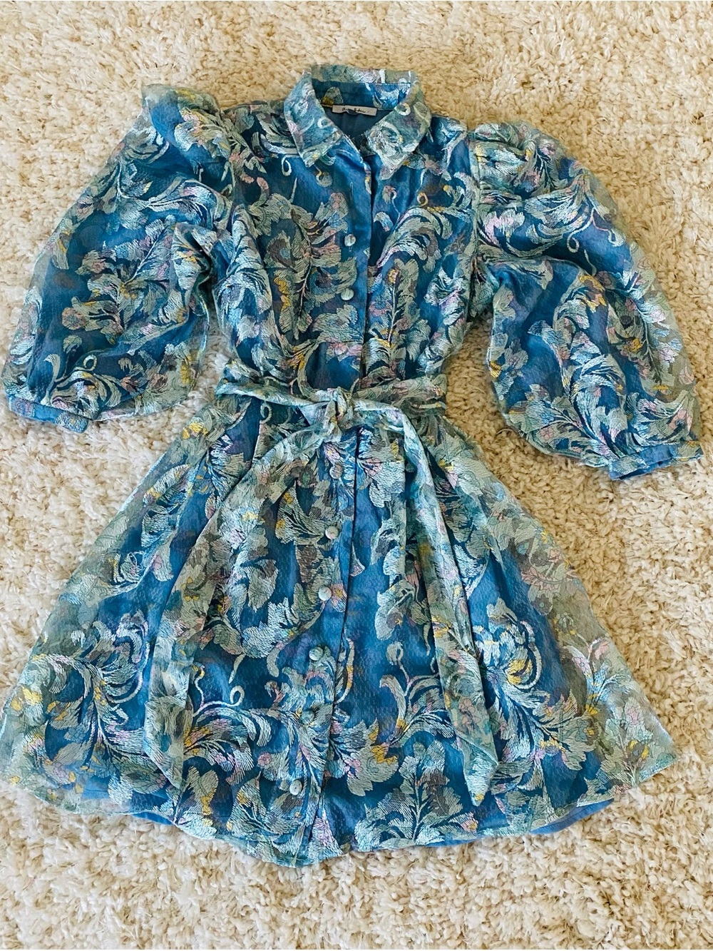 OLIVIA RUBIN Alma Blue Floral Button-Front Mini Dress with Tie Waist